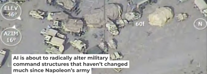 This U.S. Army command post, seen from a drone, is loaded with modern technology but uses a centuries-old structure. Col. Scott Woodward, U.S. Army